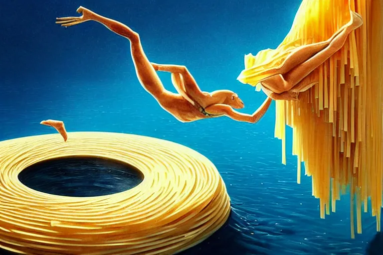 Image similar to olympic diver made of pasta diving into a pool of pasta, splash, art deco intricate ripples, fantasy, elegant, highly detailed, sharp focus, art by artgerm and beeple and greg rutkowski and wlop