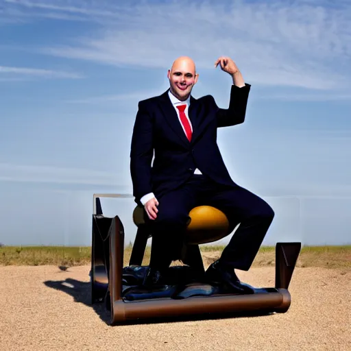 Image similar to A bald Tory Bruno in a suit, riding atop a rocket engine