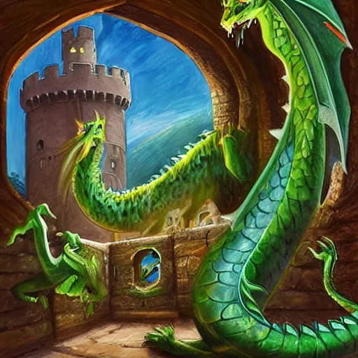 Prompt: fairy tale, painting, large green dragon, dnd, inside a castle