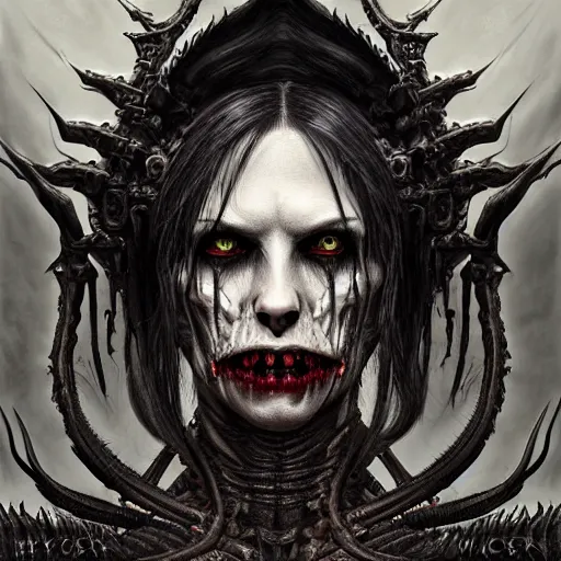 Prompt: hyper detailed masterpiece, black inferno demon vampire portrait by h. r. giger and darius zawadzki, digital art painting, darkwave goth aesthetic, creepy, psychedelic, artgerm, donato giancola, tom bagshaw, noah bradley, artstation trending