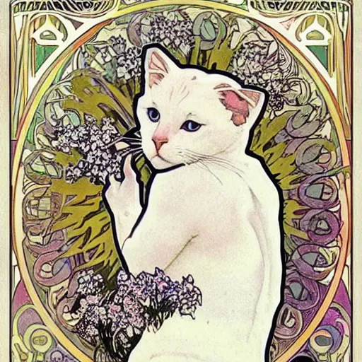 Prompt: white short haired cat, surrounded by flowers, Alphonse mucha, art nouveau, poster art, beautiful art nouveau advertisement