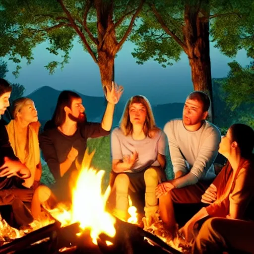 Image similar to jesus god talking with 4 women and 2 men around a campfire, realistic