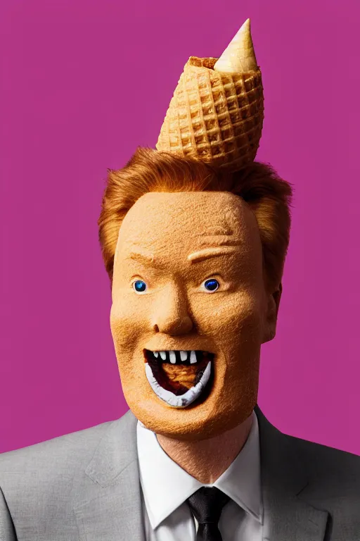 Image similar to 📷 conan o'brien the ice - cream cone 🍦, made of food, head portrait, dynamic lighting, 4 k