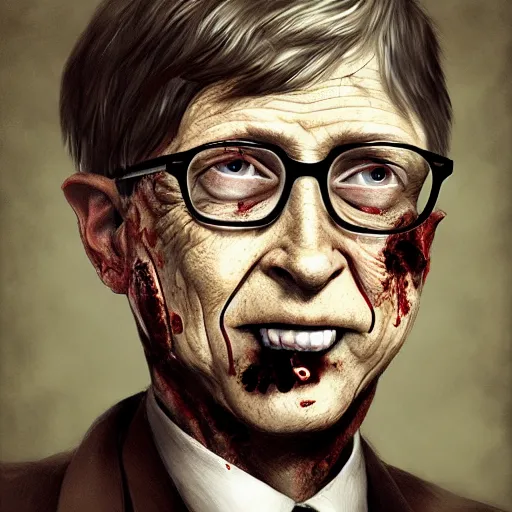 Image similar to a zombie Bill Gates, by WLOP, horror, wounds, bloody, dark fantasy, trending on artstation