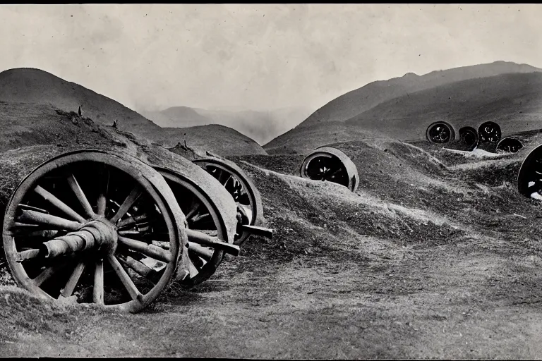 Image similar to ww 1 artillery pieces entrenched with a beautiful background of hills and mountains, black and white photography, 1 9 0 5