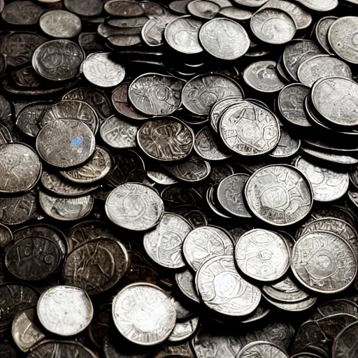 Prompt: a picture of a pile of coins underwater, it is raining, 50mm