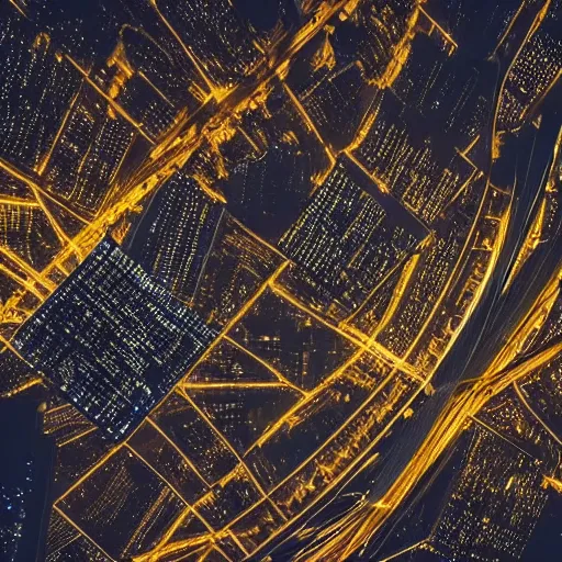 Image similar to photo of a power grid city at night birds eye view inception cinematic