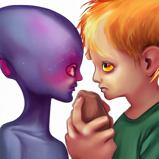 Image similar to cute girl alien meets human boy from Earth, digital painting