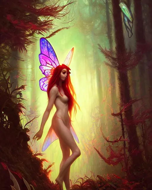 Image similar to stunningly beautiful female faerie priestess in amanita muscaria forest landscape, symmetrical wings on back, neon hair, fantasy art, dark light night, sharp focus, digital painting, 4 k, concept art, art by wlop, greg rutkowski and alphonse mucha, brom, face by otto schmidt