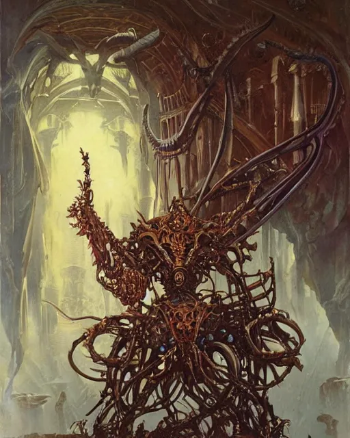 Image similar to elegant renaissance painting of biomechanical warhammer final boss creature vecna, art by bruce pennington and peter mohrbacher