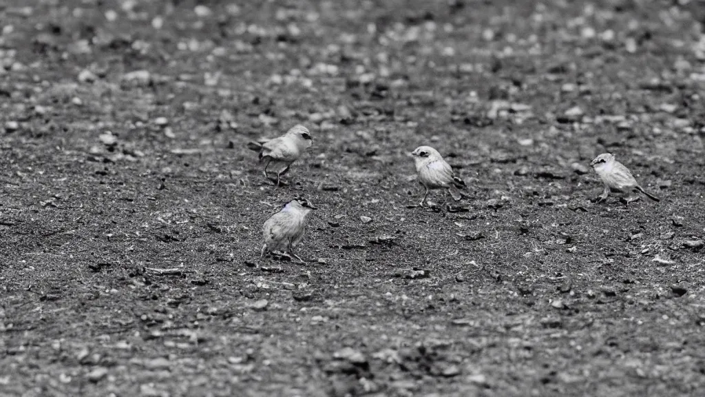 Prompt: a blue monochromatic filtered photo of small birds standing on the ground.
