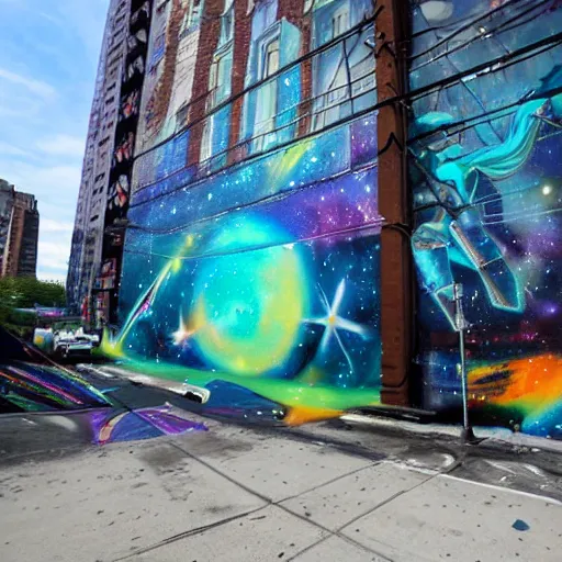 Image similar to a galactic spray painted mural in new york painted by artist outer source