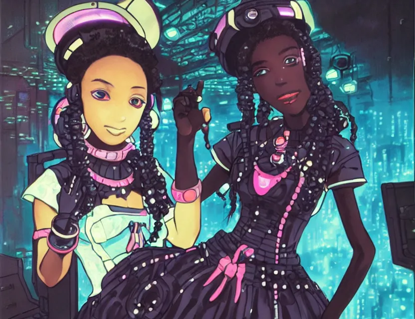 Prompt: black - skinned scifi princess in a deep sea cafe, wearing a lolita dress with cyberpunk elements. this oil painting by the award - winning mangaka has an interesting color scheme and impeccable lighting.
