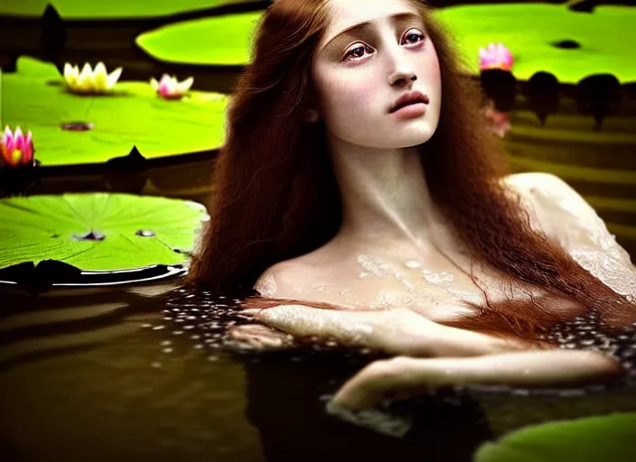 Image similar to portrait photo of a beautiful woman how pre-Raphaelites neauty type in style of Paolo Roversi, natural color skin, the face emerges from the water of a pond with water lilies, half face and hair are immersed in water, a beautiful lace dress and hair are intricate with highly detailed realistic beautiful flowers , Realistic, Refined, Highly Detailed, natural outdoor soft rose colors scheme, blur background, outdoor fine art photography, Hyper realistic, photo realistic 8K, soft light, volumetric lighting, highly detailed, britt marling style 3/4