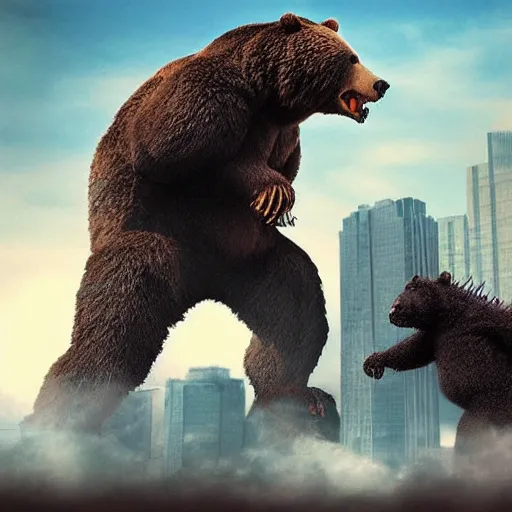 Prompt: a giant angry bear fighting with godzilla in the city, photomanipulation, photoshop, digital art