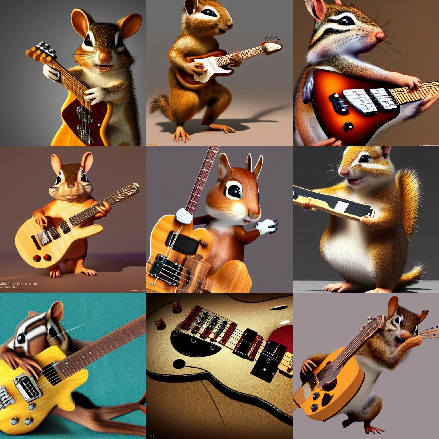 Prompt: a high quality photo of a chipmunk playing electric guitar, render, ultra realistic, cgsociety