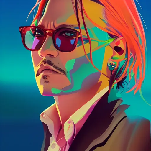 Image similar to portrait of Johnny depp, sunset background, rich vivid colors, ambient lighting, dynamic lighting, 4k, official media, anime key visual, makoto shinkai, ilya kuvshinov, lois van baarle, rossdraws, detailed, trending on artstation