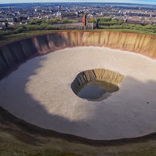 Image similar to a large nuclear crater in london, realistic, taken on drone camera.