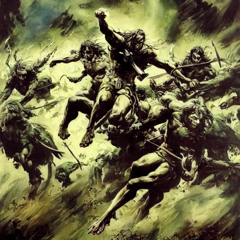 Prompt: a beautiful painting in the style of frank frazetta of aragorn running in front of a green ghost army of medieval warriors