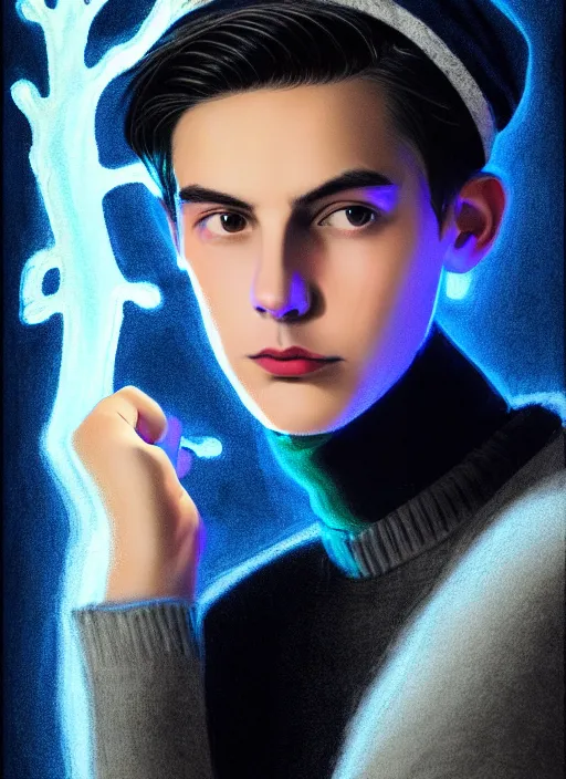 Image similar to portrait of teenage jughead jones wearing a light grey crown, crown, blue turtleneck, 1 9 5 0 s, closed eyes, photorealistic, black hair, glowing lighting, intricate, elegant, glowing lights, highly detailed, digital painting, artstation, concept art, smooth, sharp focus, illustration, art by wlop, mars ravelo and greg rutkowski