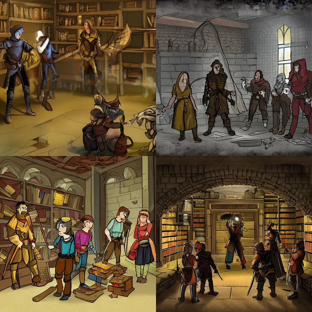 Prompt: a group of adventurers quarantining in the basement of an ancient library, digital art, dungeons and dragons