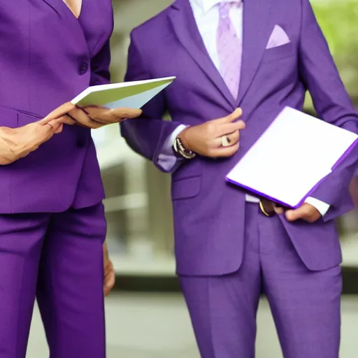 Prompt: woman in a purple suit scolding man holding clipboard, realistic, 4 k