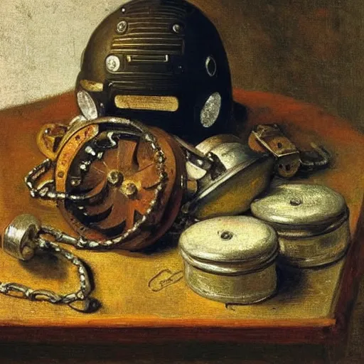 Prompt: A still life of a rusty robot, Pieter Claesz, William James Glackens, (chains), ((gears)), helmet