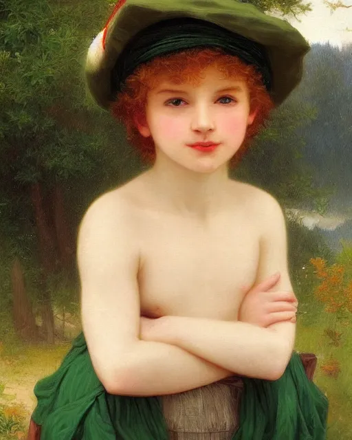 Prompt: beautiful glorious realistic oil painting of young kyle broflovski in green hat, bokeh, baroque style by bouguereau, sunset, highly detailed, 8 k intricate