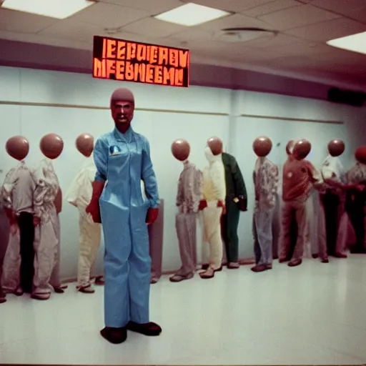 Prompt: alien standing in line at a soviet hospital, top secret style, realistic photo, cinestill 8 0 0 t, 1 9 7 0 s, color