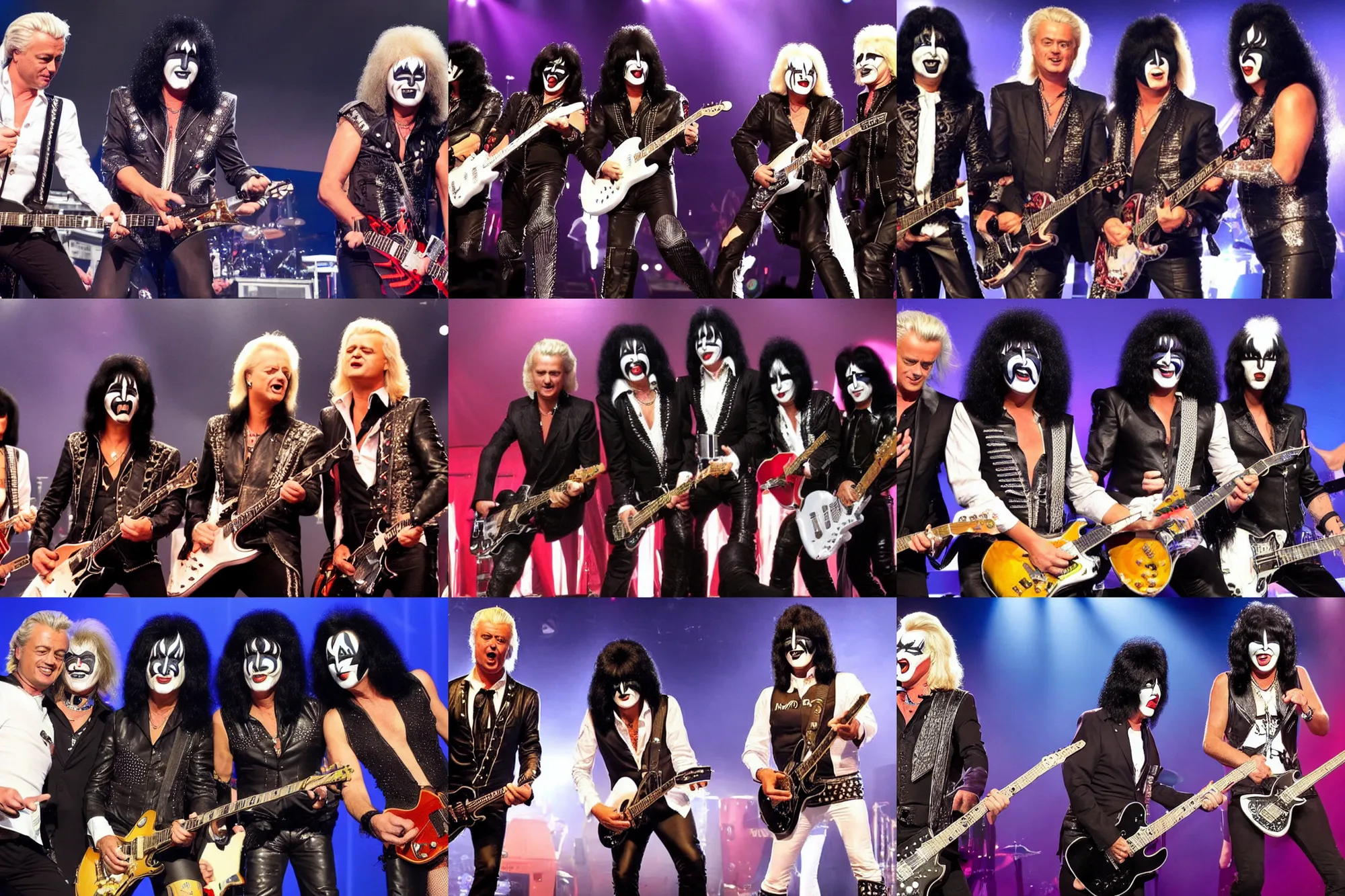 Prompt: Geert Wilders and Mark Rutte playing guitar with KISS band on stage