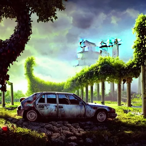 Prompt: a tree growing on a scrap car in ancient greek ruins, gray wasteland, many scrap cars, overgrown, pillars and arches, colorful flowers, vines, hyperrealistic, highly detailed, cinematic, ray of golden sunlight, beautiful, cgsociety, artstation, 8 k, pixar style by tristan eaton, artgerm, tom bagshaw