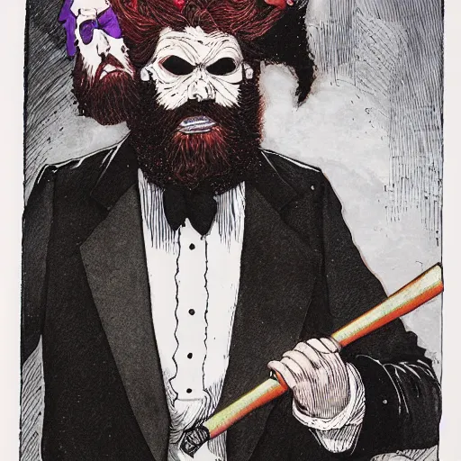 Prompt: a red bearded man wearing a purple luchadore mask and tuxedo, highly detailed, masterpiece, illustrated, art by rebecca guay