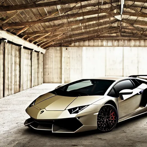 Prompt: lamborghini in a barn, rustic, vintage, aesthetic