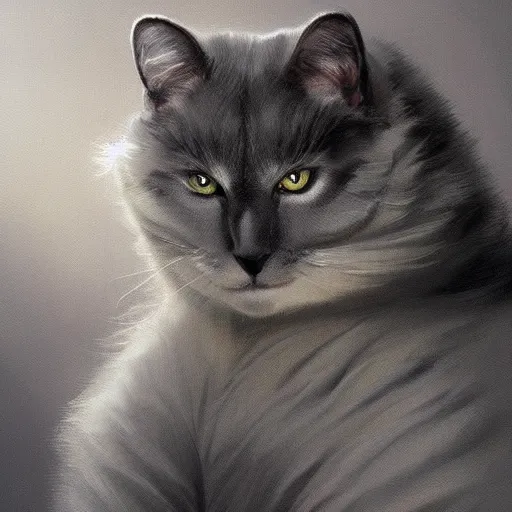 Image similar to a big indifferent looking dark grey cat with white belly, white paws and white face markings with long fur and fluffy tail sitting, intricate, elegant, highly detailed, digital painting, artstation, concept art, matte, sharp focus, illustration, art by Artgerm and Greg Rutkowski and Alphonse Mucha