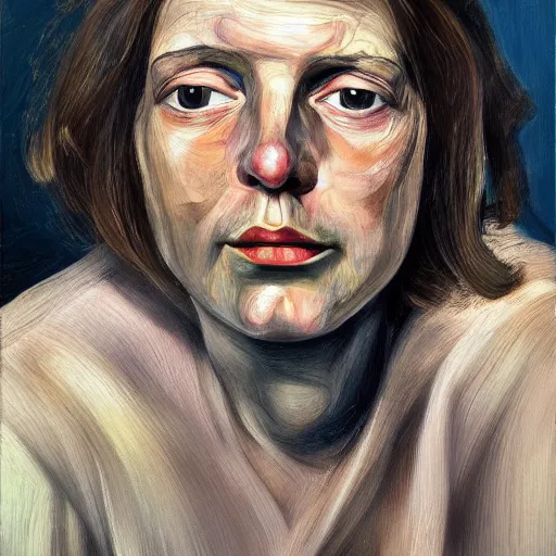 Prompt: high quality high detail painting by lucian freud, hd, long hair confused woman portrait, photorealistic lighting