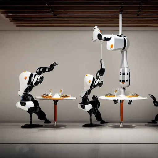 Image similar to three large white glossy kuka industrial robot arms on the floor around a dinner table, they are having dinner inside a fine dining restaurant with mid century modern furniture and decor, global illumination, artstation, fantasy