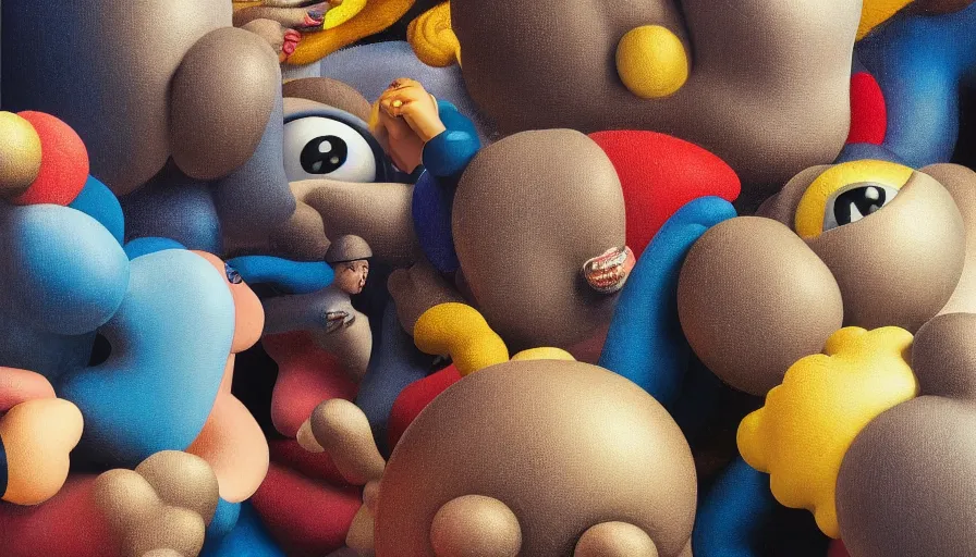 Prompt: 3 d poster by braulio amado, by kaws, james jean and salvador dali and shusei nagaoka, textured oil on canvas, expanded surrealism, neoclassicism, renaissance, depth of field, hyper realistic, cell shaded, metallic reflections, physically based rendering, 8 k