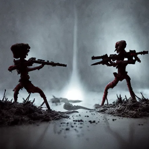 Image similar to the war between worlds extremely detailed claymation art, dark, moody, foggy