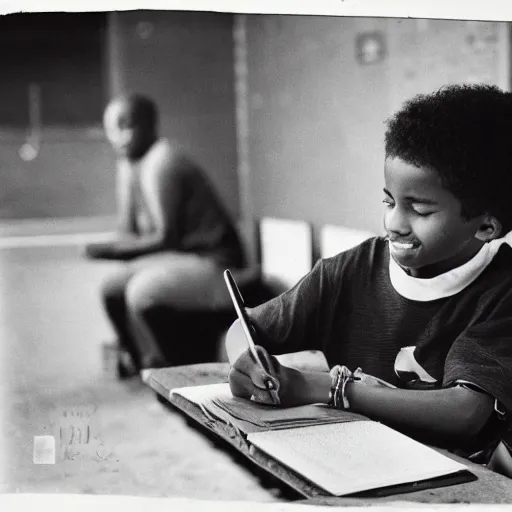 Prompt: a black boy with an afro hairstyle sits at the bench and writes something in a copybook with a pencil, the 9 0 s, garlem, black and white photography