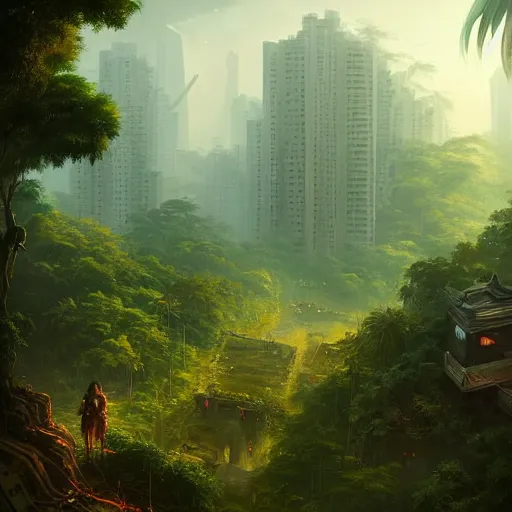 Prompt: a beutiful painting of post-apocalyptic Singapore overrun by vegetation. UrlichPRO, greg rutkowski, makoto shinkai, thomas cole, aerial photography, wide angle lens, trending on artstation, trending on behance