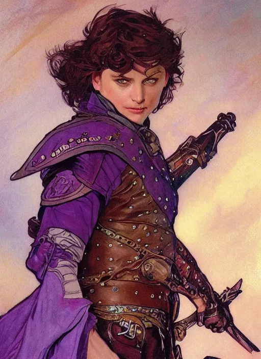 Prompt: a nonbinary hobbit wearing leather armour and a purple smoking jacket, short brown hair. fantasy concept art. moody epic painting by james gurney, and alphonso mucha. artstationhq. painting with vivid color. ( dragon age, witcher 3, arcane, lotr )