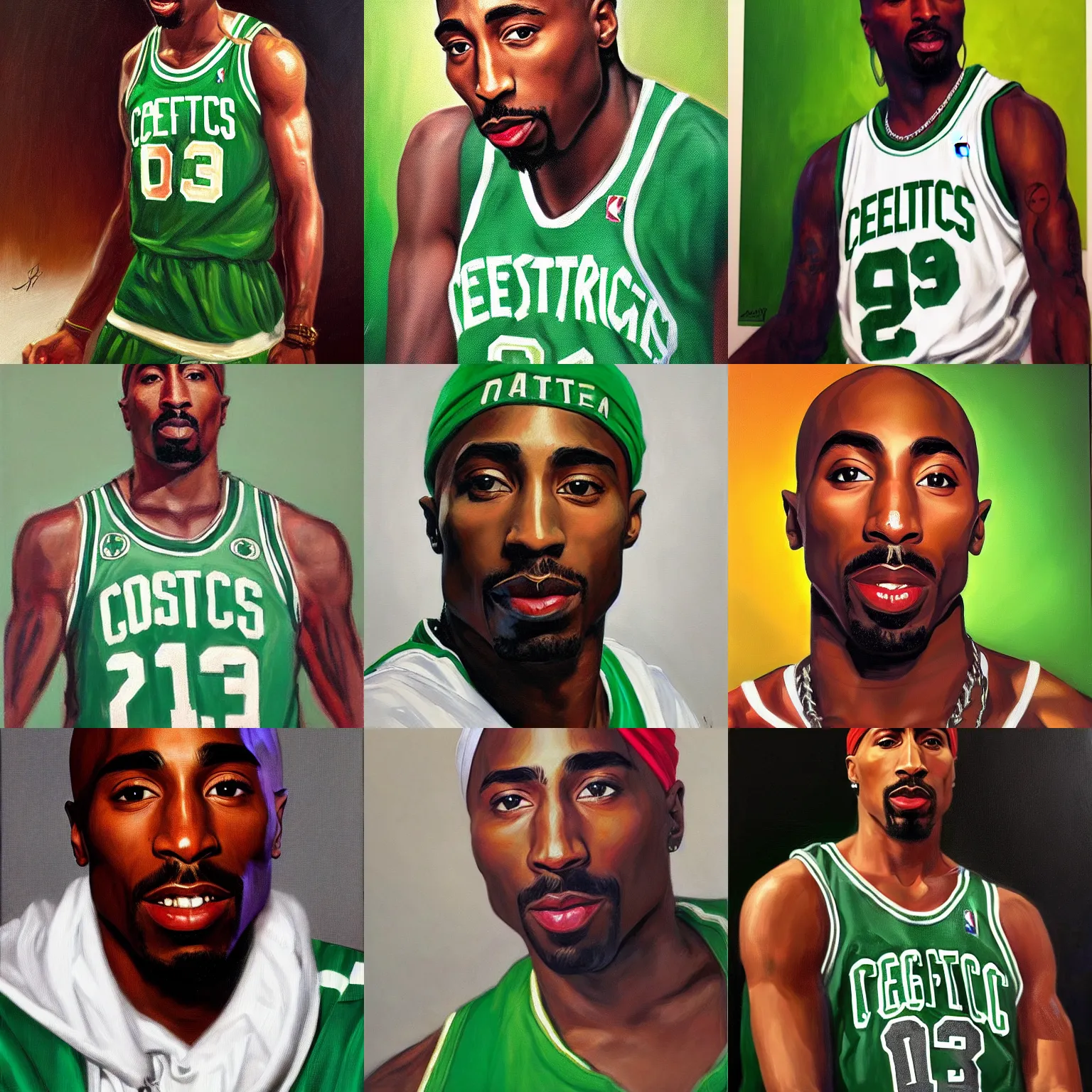portrait of tupac shakur wearing a celtics jersey, oil, Stable Diffusion