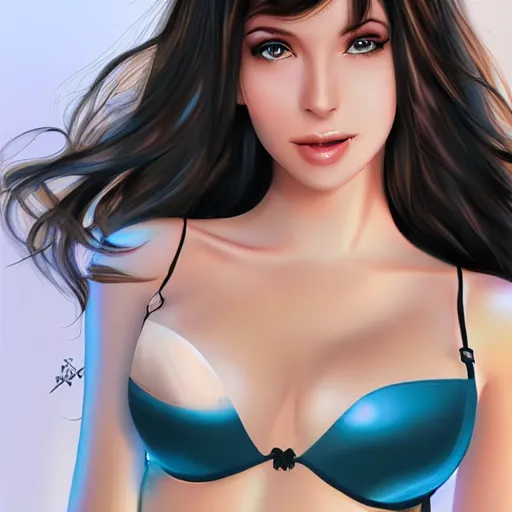 Prompt: very very very beautiful model with clamshell bra, flirty, smiling, eye contact, perfect face, perfect body, drawn by artgerm