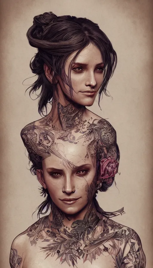 Image similar to tattooed lady, sweaty, insane, intricate, highly detailed, digital painting, artstation, concept art, smooth, sharp focus, illustration, Unreal Engine 5, 8K, art by artgerm and greg rutkowski and alphonse mucha