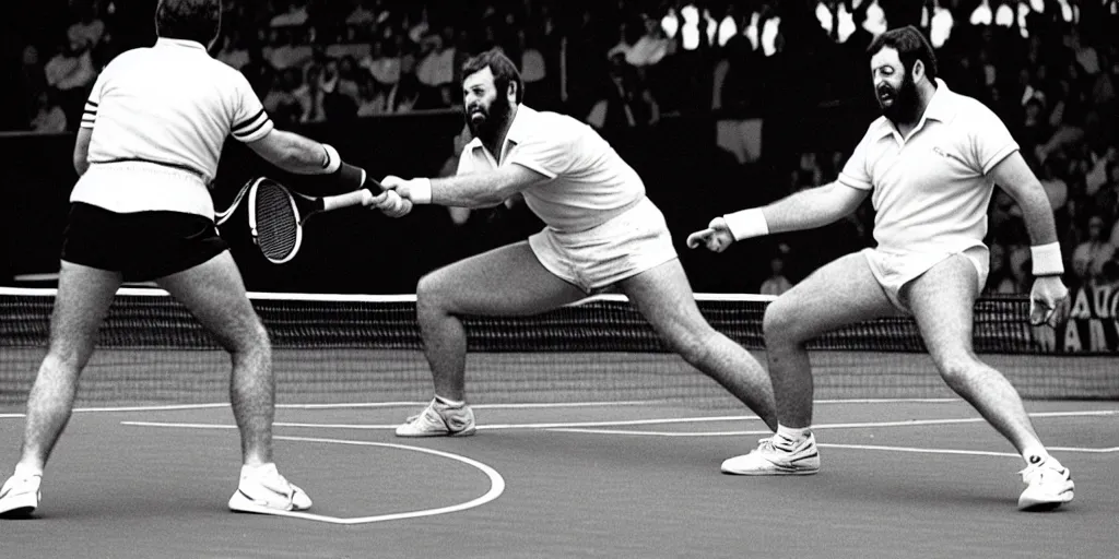 Prompt: photo of geoff capes wiining wimbledon tennis final against steve silk hurley