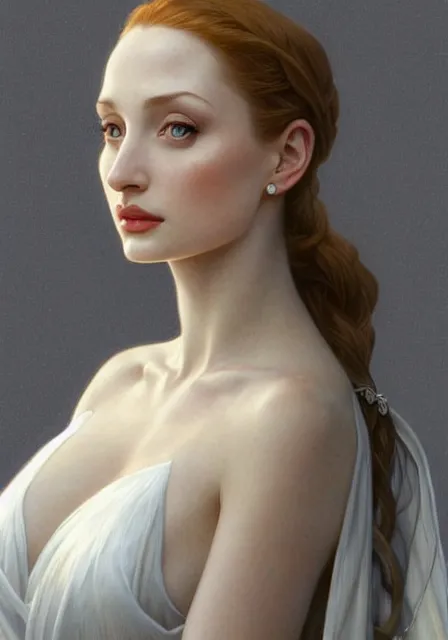 Prompt: sansa angeline jolie gessica chastain white skin, intricate, elegant, highly detailed, digital painting, artstation, concept art, smooth, sharp focus, illustration, art by artgerm and greg rutkowski and alphonse mucha and william - adolphe bouguereau