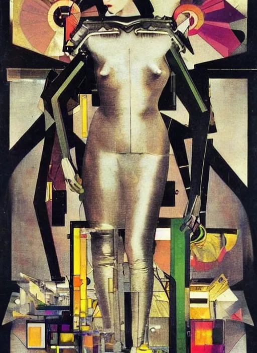Image similar to cute punk goth fashion fractal mecha blonde girl wearing a television tube helmet and kimono made of circuits and leds, Techno surreal Dada collage by Man Ray Kurt Schwitters Hannah Höch Alphonse Mucha Beeple