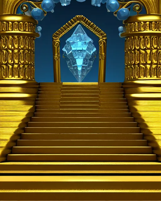 Image similar to scientifically realistic render scifi gold staircase to royal temple carved out of marble skeleton and blue gems and cyan crystal rendered in octane