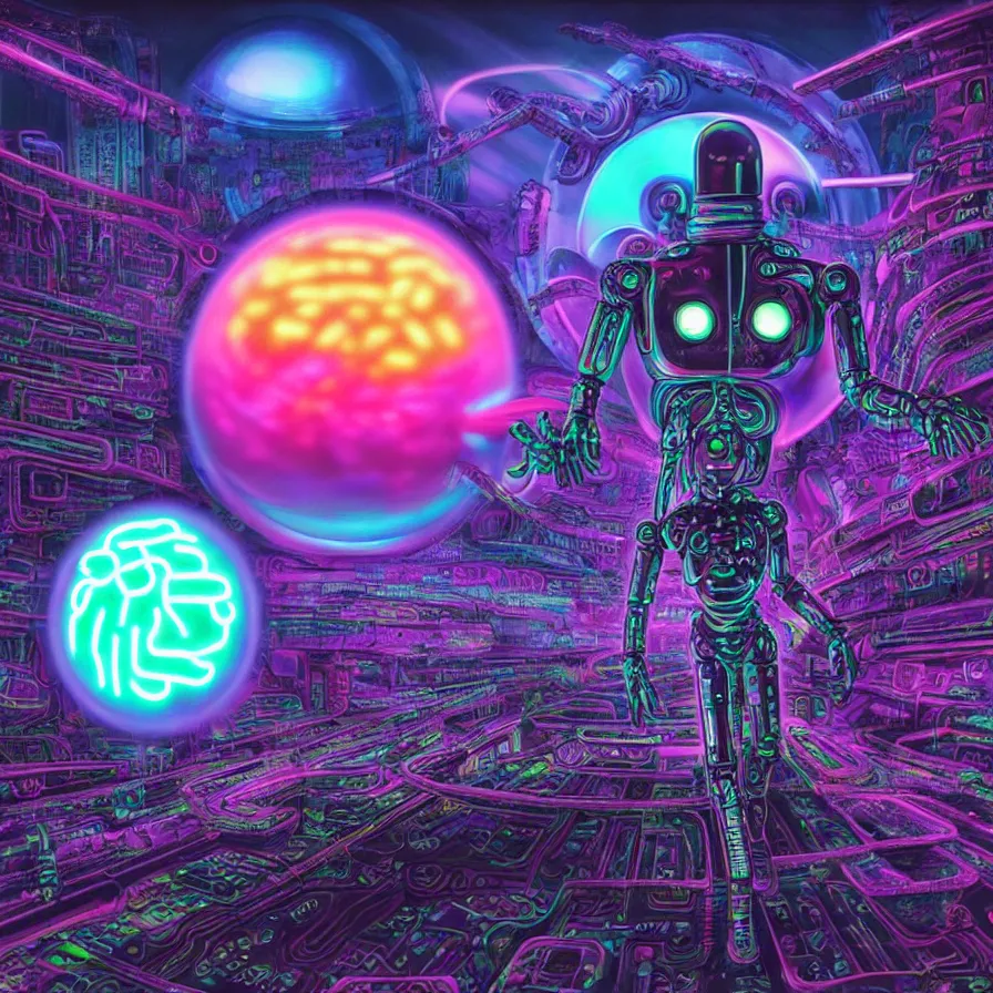 Prompt: psychedelic cybernetic brain with toxic androids, macro photography, techno planet in cybernetic neo - tokyo in background, by jeff easley, vibrant colors, award winning, stylized neon, post - processing, by tsutomu nihei, superb resolution, by junji ito, by greg rutkowski, 8 k, hyper realistic anime, perfect art