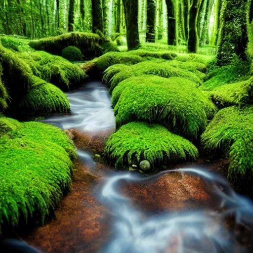 Image similar to 3 0 round pools of water in a forest, the wood between the worlds, narnia, cs lewis, lush green forest, moss and ferns, ferns,